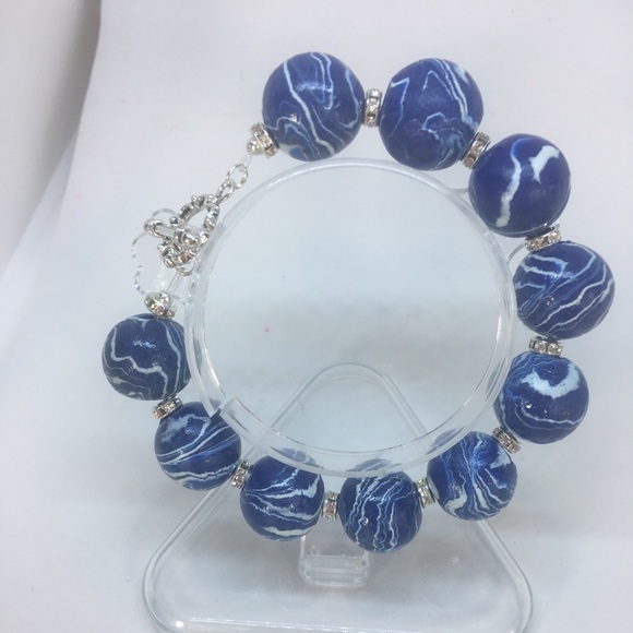 Artisan Handmade Blue & White Polymer Clay Bracelet Elegant & Boutique Style - Picture 3 of 6